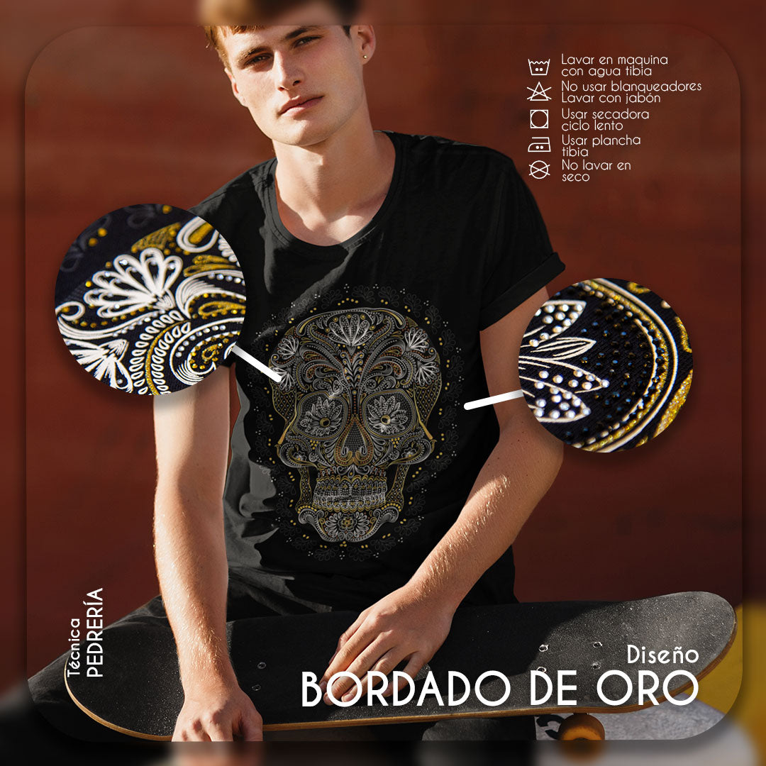 Gold Embroidery Men's T-Shirt | Elegant Mexican Style
