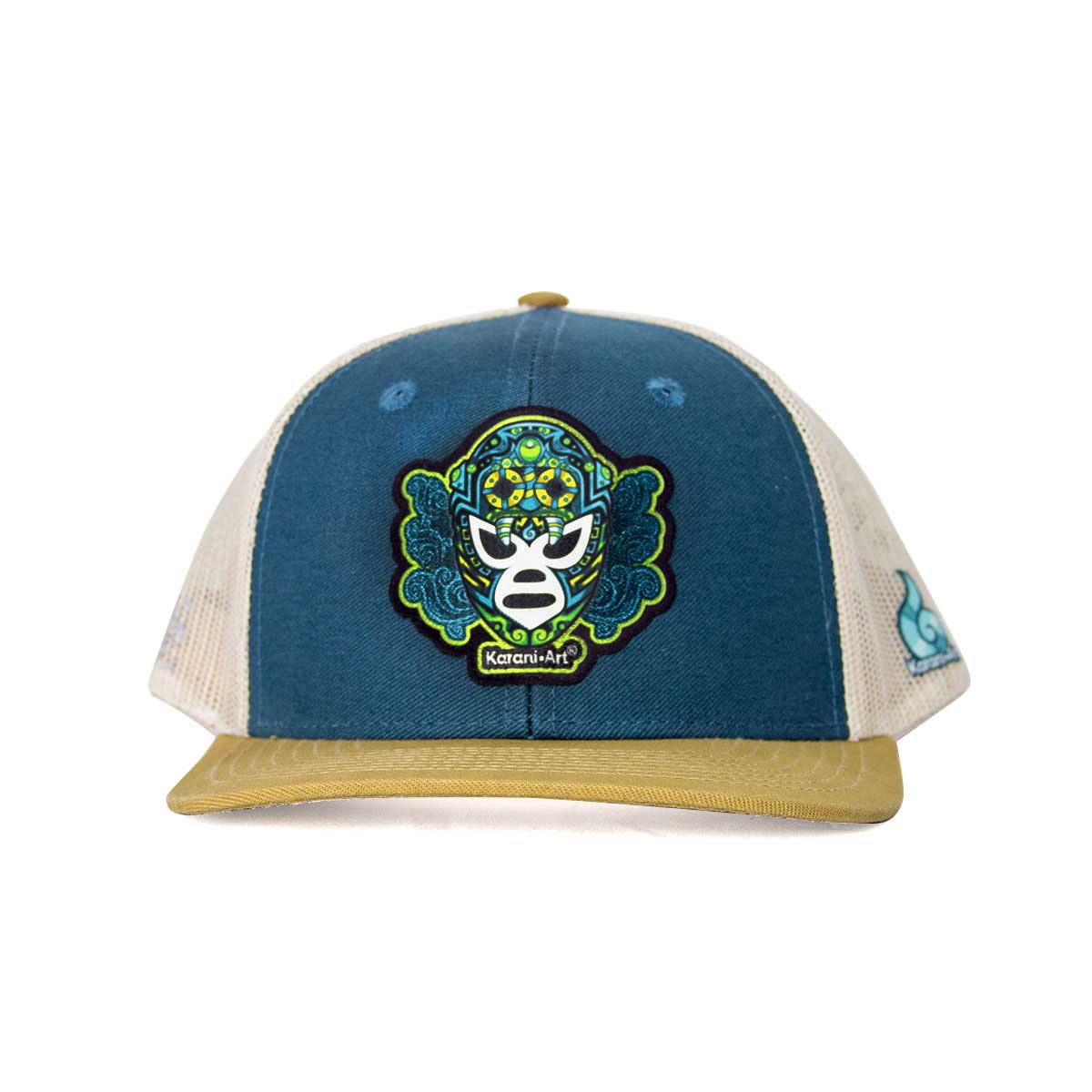 Gorra Máscara Tlaloque Plana con Red azul con dorado