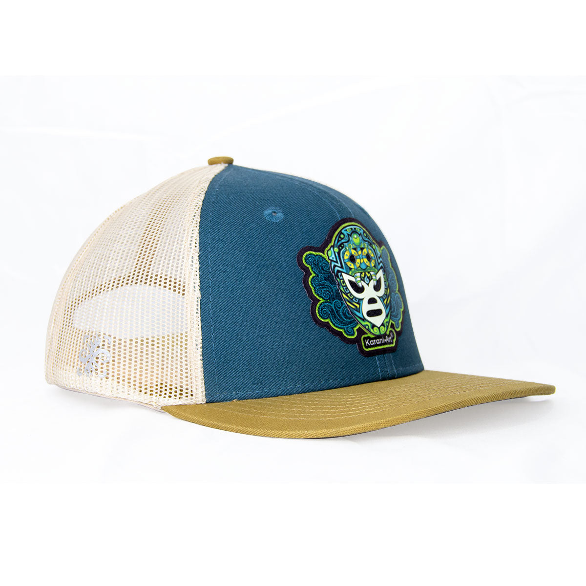 Gorra Máscara Tlaloque Plana con Red azul con dorado