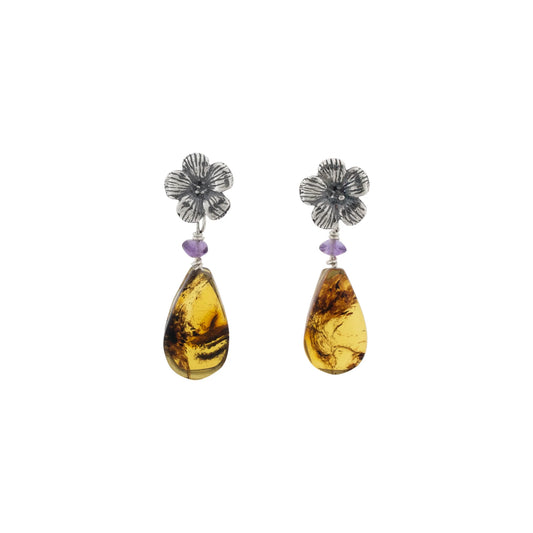 Aretes Flor Armonía Sencillos con Ámbar | Joyería Mexicana Elegante